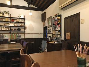 View of some upstairs seating  at Cafe Ren - Sakyo in Kyoto