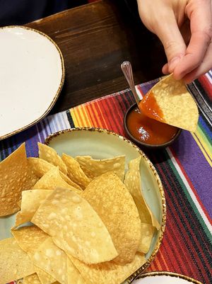 Homemade corn chips and salsa sauce at Los Pueblos in Yerevan