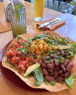 Yummy vegan tostada, the flat bread is so crispy, and the topping is juicy. The sharing dish, huge portion, but I ate it myself.  at Los Pueblos in Yerevan