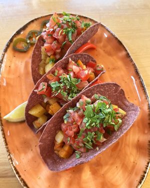 Legumbres picadillo tacos (marked vegan/vegetarian) are good, but suddenly served with non-vegan sauce, containing pork fat, ask to change the sauce to vegan. at Los Pueblos in Yerevan