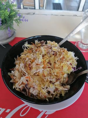 first salad on the menu - cabbage, carrots with mustard sauce (vegan) at Tis Mammis Sou in Rhodes