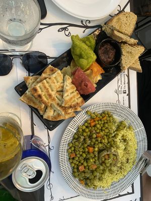 Vegan started Rhodos mixed breads and mixed veg with Greek rice.  at Tis Mammis Sou in Rhodes