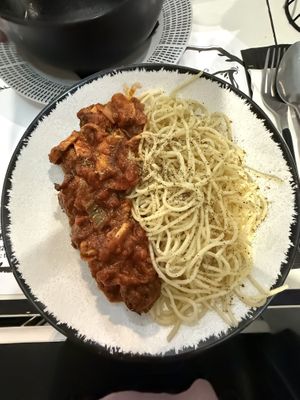 Keftedes with noodles (also possible with rice )  at Tis Mammis Sou in Rhodes