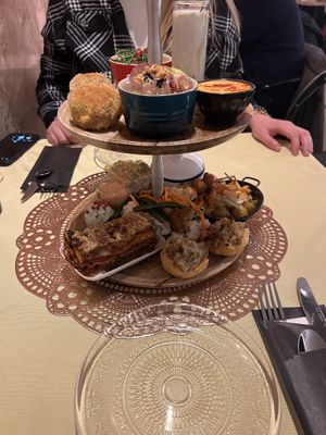 Sharing dish tray for 2 persons, about 14 different snacks, so yummy!   at Atelier Flori in Bruges