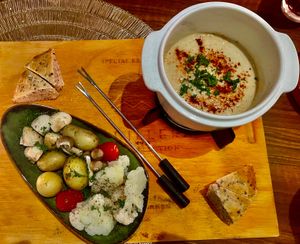 Vegan cheese fondue as a starter, very tasty! at Atelier Flori in Bruges