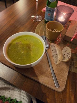 Soup of the day. It had cream cheese and bacon at Atelier Flori in Bruges