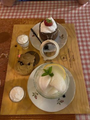 Desserts: lemon sorbet with limoncello, chocolate mousse with whipped coconut cream, chocolate chip cookie, ginger cookie at Atelier Flori in Bruges