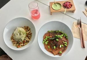 Cauliflower rice with veggies and zucchini noodles with edamame and vegan cheeze at Greenery in Cuernavaca