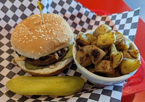 Western BBQ Burger with Country Potatoes at DC Vegetarian in Portland