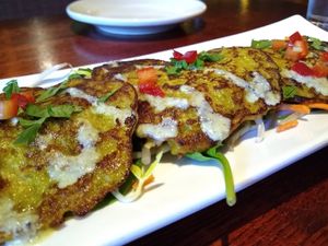 Spaghetti Squash Cakes with a caper tofu coulis at Cafe Sunflower in Sandy Springs