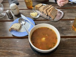 Delicious hot homemade vegetable soup and bread  at Samkomuhúsid Arnarstapa in Arnarstapi