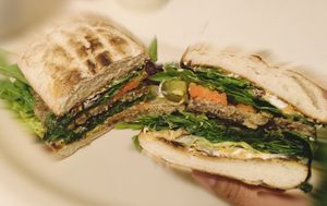 Torta de Milanesa de Gaia vegana con queso a base de papa y tapioca   at Gaia Vegana - Food Truck in Mexico City