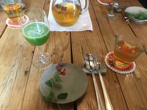 Clover and apple juice. Complimentary Solomon’s seal tea.  at Jag Eunbueok 작은부엌 in Jeju