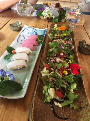 Mushroom salad and konjac sushi at Jag Eunbueok 작은부엌 in Jeju