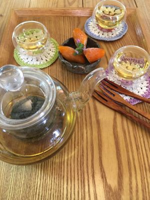 Peppermint tea with Korean traditional tangerine dessert. Gyul jeong gwa.  at Jag Eunbueok 작은부엌 in Jeju