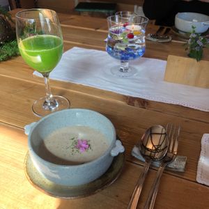 Soup and welcome drink at Jag Eunbueok 작은부엌 in Jeju