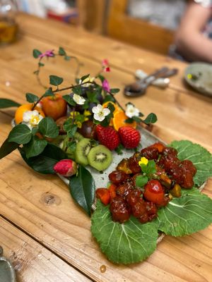 Soy chick'n and fresh fruit at Jag Eunbueok 작은부엌 in Jeju