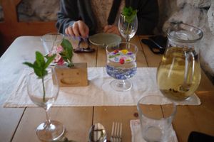 Initial table setting. Mint leaves in the glass is a nice touch at Jag Eunbueok 작은부엌 in Jeju