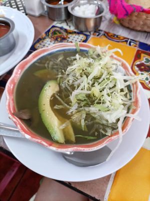 Pozole de champiñones, elote y aguacate tamaño Mediano $65 at Los 7 pozoles in Guadalajara