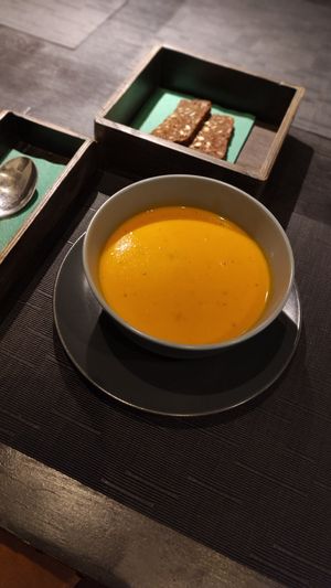 Tomato soup from lunch menu at SOMA Cafe in Vilnius