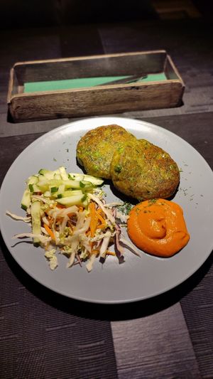 From the lunch menu: indian potato & veggie patties at SOMA Cafe in Vilnius