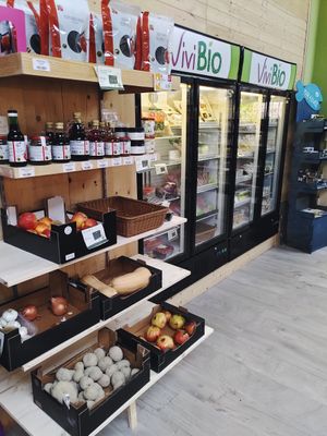 The limited fresh fruit, veggie and refrigerated section at ViviBio in Giarre