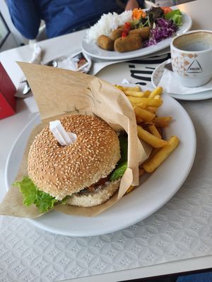 Vegan burger (ordered without cheese) at Bar Praia in Sao Miguel