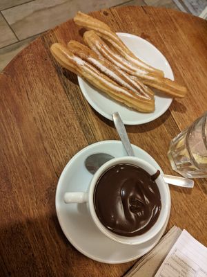 Churros and dark chocolate sauce at Petritxol Xocoa in Barcelona