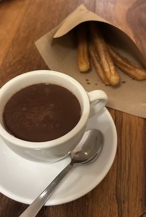 Dark chocolate and churros  at Petritxol Xocoa in Barcelona