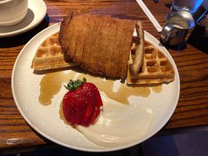 “Chicken” and Waffles; served at Sunday Brunch only at Cafe Sunflower in Atlanta