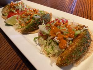 Appetizer: fried avocado tacos at Cafe Sunflower in Atlanta