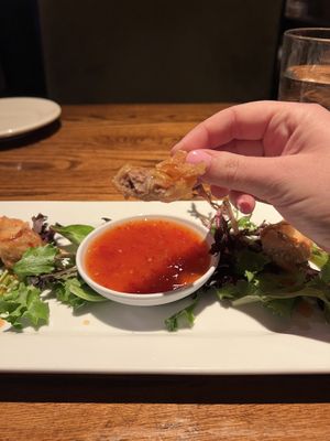 Crispy wontons appetizer- Impossible meat, sweet and tangy sauce  at Cafe Sunflower in Atlanta