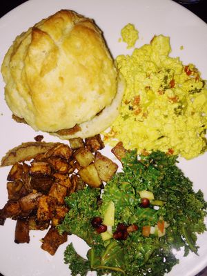 chicken biscuit, tofu scram, kale, potatoes.  at Cafe Sunflower in Atlanta