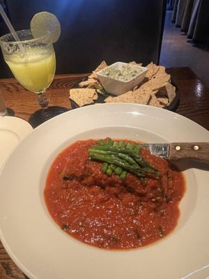 Orzo eggplant lasagna, spinach artichoke dip, pineapple refresher juice   at Cafe Sunflower in Atlanta