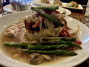 Plant-based steak (soy—based) with mashed potatoes and veggiess  at Cafe Sunflower in Atlanta