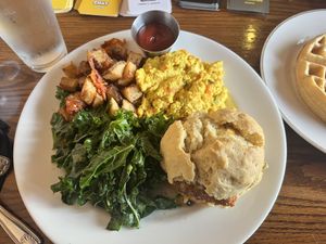 chicken biscuit, tofu scramble, kale, house fries   at Cafe Sunflower in Atlanta