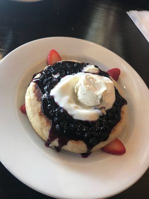 Pancakes with warm blueberry compote. Delicious!  at Cafe Sunflower in Atlanta