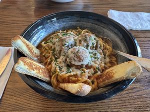 Linguine with meatballs and garlic breadd  at Cafe Sunflower in Atlanta