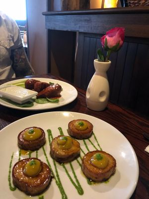 Mushroom “scallops” and buffalo lollipops  at Cafe Sunflower in Atlanta