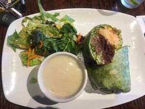 Soy Chorizo burrito with salad and cauliflower-potato soup at Cafe Sunflower in Atlanta