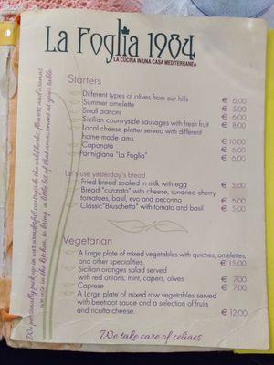 Menu, ask about vegan options at La Foglia in Siracusa