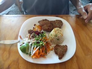 Rice, breaded mushrooms, salad at Falafel Shalom in Tepoztlan