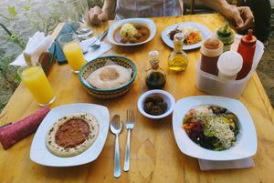 Hummus Matbuja, falafel, salad, rice, dumplings, pita bread at Falafel Shalom in Tepoztlan