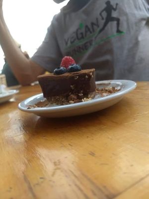 Raw vegan chocolate truffle pie 🏵️ at Falafel Shalom in Tepoztlan