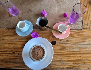 Israeli coffee and tiramisu at Falafel Shalom in Tepoztlan