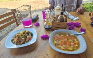 Minestrone, quinoa salad at Falafel Shalom in Tepoztlan