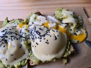 Eggs benedict (its  a vegan egg!!) at Frutas Prohibidas in Madrid