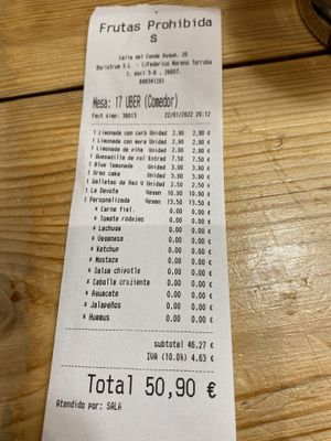 La cuenta   at Frutas Prohibidas in Madrid