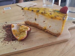 Cheese cake with passion fruit at Frutas Prohibidas in Madrid
