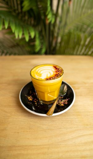 GOLDEN LATTE: Turmeric, ginger, agave, and choice of milk. at Frutas Prohibidas in Madrid